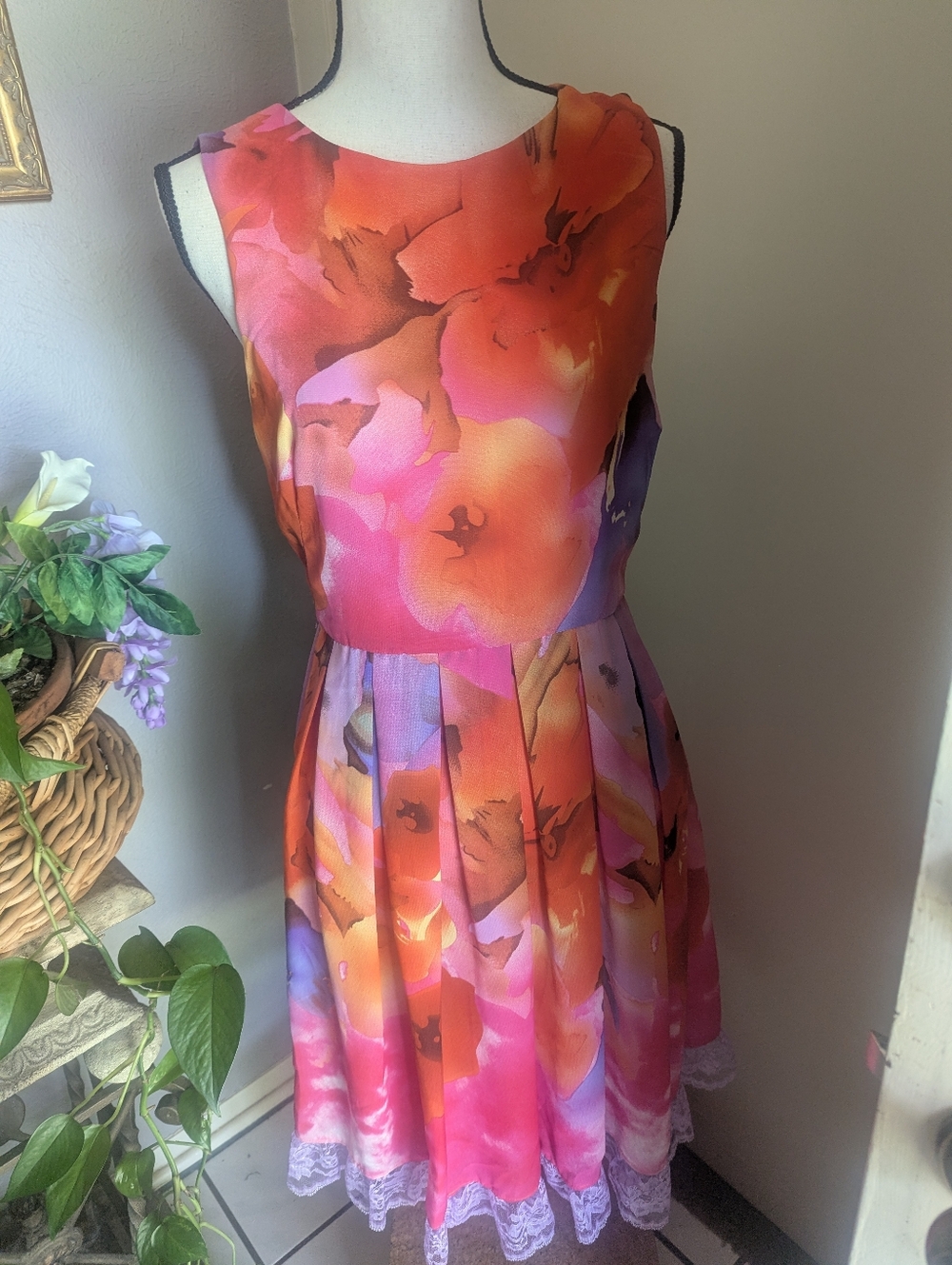 Sandra Darren floral Watercolor Orange-Pink Party Dress.